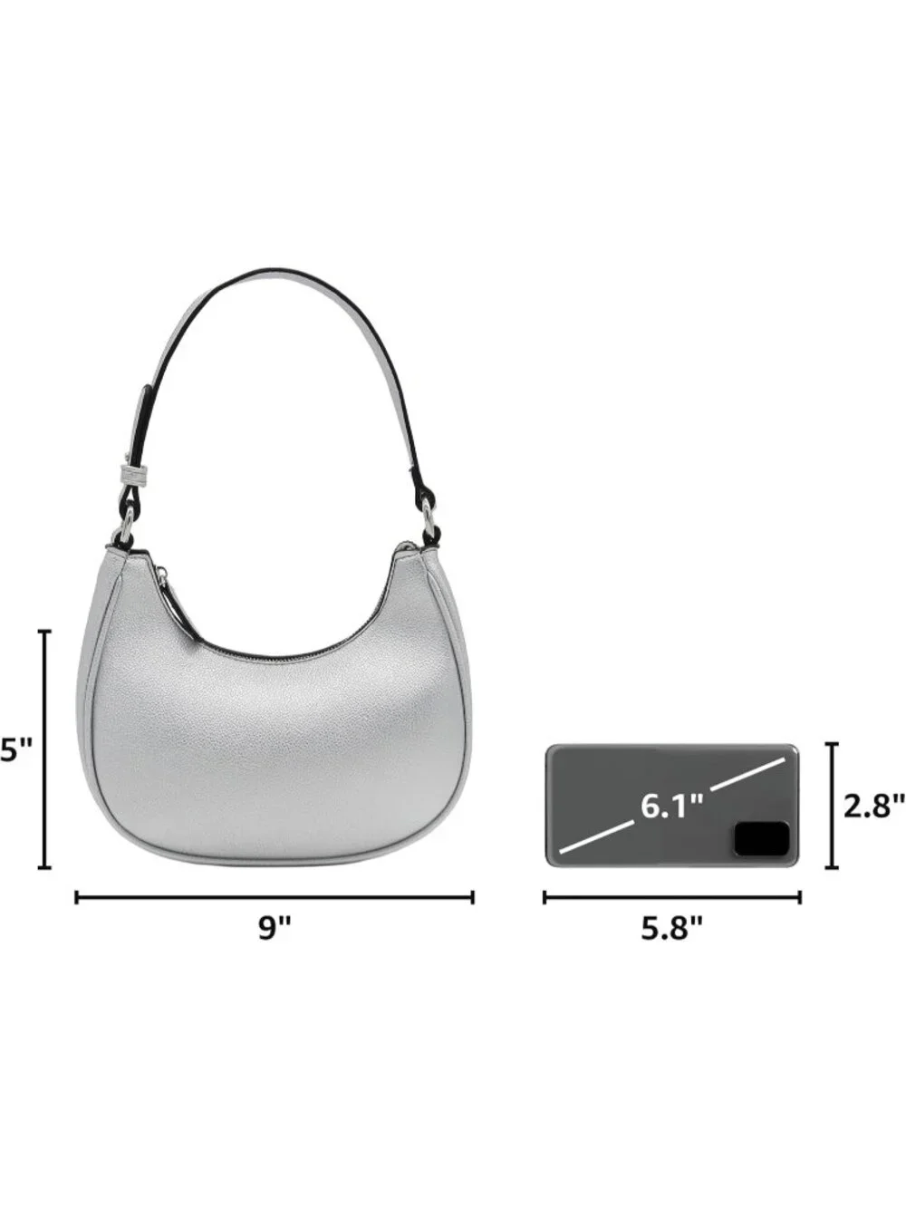 Women Silver Small Crescent For Trendy Underarm Purse Zipper Shoulder Bag